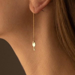 Solid 14K Gold Wine Glass Dangle Chain Earrings, Wave Bar Stud with Long Threader Design, Cartilage & Earlobe Piercing Jewelry, Women’s Gift