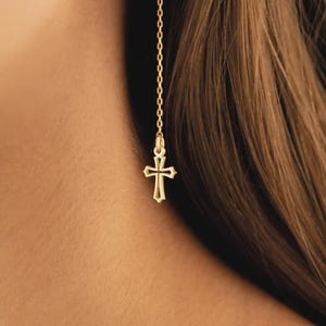 Orecchini pendenti a croce in oro massiccio 14 carati, orecchini cristiani pendenti, gioielli minimalisti con catena in oro, regalo per lei, gioielli religiosi