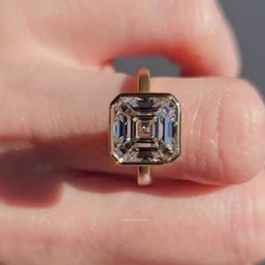 3 CT Bezel set Asscher cut Moissanite engagement ring 14K solid yellow gold Simple diamond ring anniversary gift for her