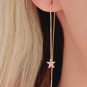 14K Gold Star Diamond Threader Earrings - Delicate Dainty Drop Chain Dangle, Pull Through Long Chain Jewelry