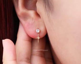 14K Solid Gold Diamond Cross Stud Earring, Gold Dangle Gemstone Shining Star Screw Back Earring, Gold Moissanite Earlobe Earring Stud