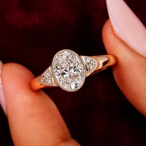 2 CT Oval Moissanite Engagement Ring: 14K Gold Bezel Set Vintage Three Stone