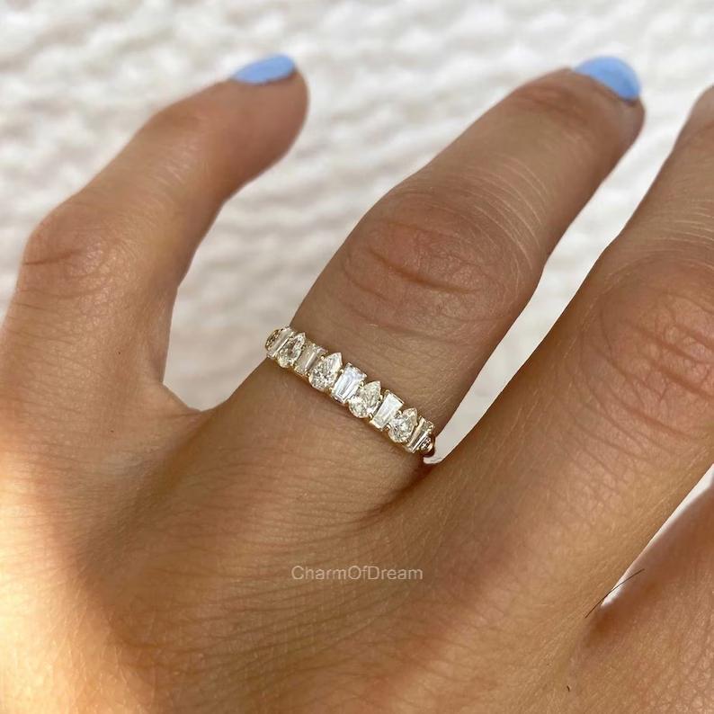 2 CT Pear And Tapper Moissanite Diamond Wedding Band 14K Solid Gold Half Eternity Bridal band Wedding Anniversary Stacking Ring For Her