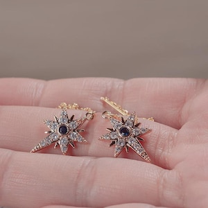 14K Gold Star Diamond Threader Earrings - Delicate Dainty Drop Chain Dangle, Pull Through Long Chain Jewelry