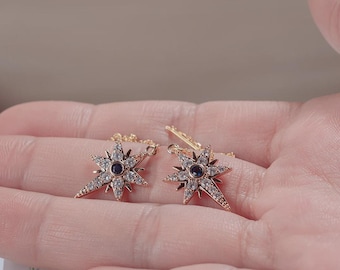 14K Gold Star Diamond Threader Earrings - Delicate Dainty Drop Chain Dangle, Pull Through Long Chain Jewelry