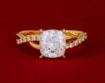 2 CT Cushion Cut Moissanite Engagement Ring: 14K Gold Twisted Band