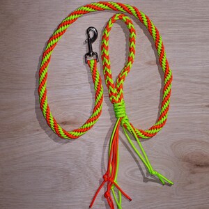 May include: A neon green and orange braided dog lead with a silver metal clasp. The lead is made of a thick, durable material and has a loop handle. The brand name "Nattie Kate" is printed at the bottom.