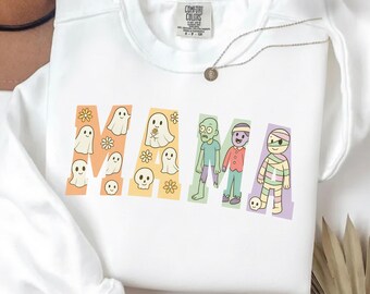 MAMA Halloween 4 PNG – Spooky Cute Block Letter Sublimation Design, Ghost Pumpkin Skeleton Clipart for Shirts & Crafts