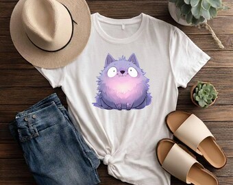 May include: White t-shirt featuring a cartoon wolf with purple and pink fur. The shirt is paired with blue jeans, a beige hat, and cream-colored sandals. A succulent plant and a small potted plant are also visible.