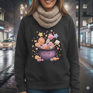 May include: Dark gray sweatshirt featuring a whimsical illustration of a purple cauldron overflowing with colorful candies, lollipops, and marshmallows. The cauldron has a smiling face. The design includes stars and other sweet treats.