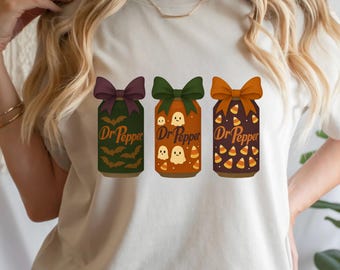Halloween Dr Pepper PNG Coquette Digital Download | Soda Can Clipart with Bows Ghost Bats Candy Corn | 300 DPI Transparent 6250 x 6250 Retro