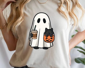 Ghost with Coffee & Cat Halloween PNG | Cute Fall Ghost Clipart | Cozy Spooky Sublimation Design | Pastel Autumn PNG | Digital Download