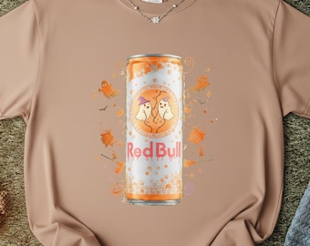 Halloween Ghost Red Bull PNG | Cute Spooky Energy Drink Can Clipart | Orange Ghost Couple Sublimation Design