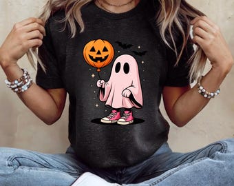 Cute PNG Pink Ghost Halloween 2 PNG – Spooky Ghost with Pumpkin Balloon Clipart, Sublimation Design for Shirts & Crafts retroe ful