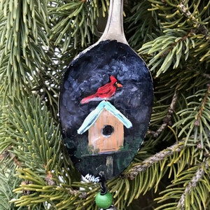 Ornament -Cardinal on a Bird House Painted on a Vintage Silver Plated Spoon