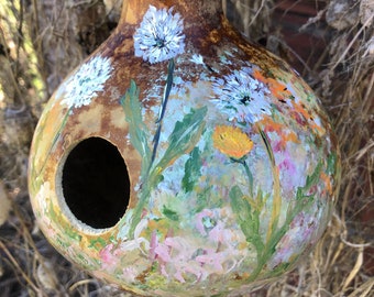 Bird House Gourd - Monet Inspired - Butterflies and Dandelions - For Chickadees, Nuthatches, Blue Birds, Small Birds