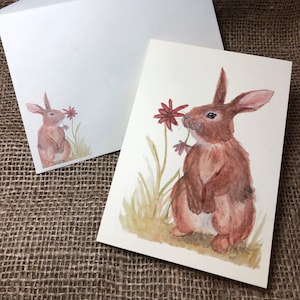 Carte de voeux de lapin de fleurs printanières 4 x 6 po - aquarelle originale