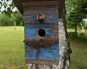 Bird House Made from Reclaimed Vintage Wood  and Rusty Decorations - Blue Birds - Chickadees - Swallows