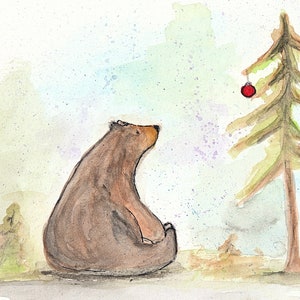 Ours - carte de voeux série ampoule rouge - aquarelle originale - carte de Noël