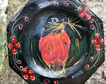 Hand Painted Robin Gathering Nesting Materials  Upcycled on Vintage Lacquered Coaster