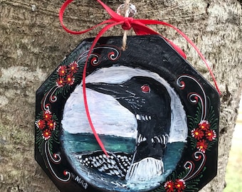 Hand Painted Loon Upcycled on Vintage Lacquered Coaster