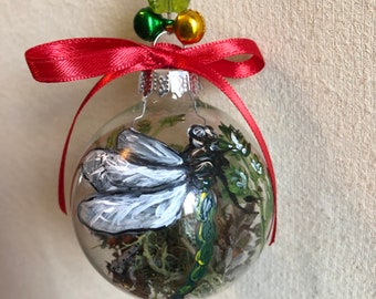Glass Bulb Ornament - Dragon Fly on a Flower - Christmas Ornament - READY TO SHIP
