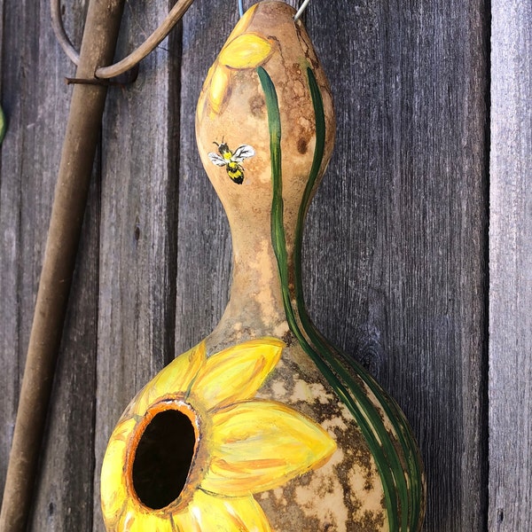 Bird House Gourd - Spring Daffodils - For Chickadees, Nuthatches, Blue Birds, Small Birds - One of a Kind