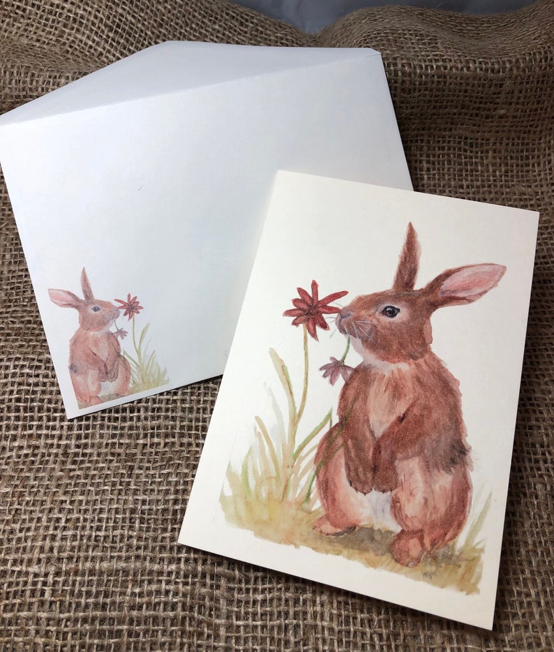 Spring Flowers Bunny 4 x 6 Greeting Card From Original Watercolour Painting image 1