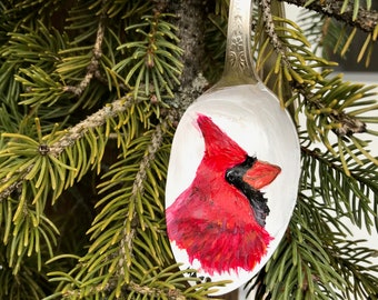 Ornament - Red Male Cardinal Painted on a Vintage Silver Plated Spoon