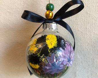 Glass Bulb Ornament - Bumble Bee on a Flower - Christmas Ornament
