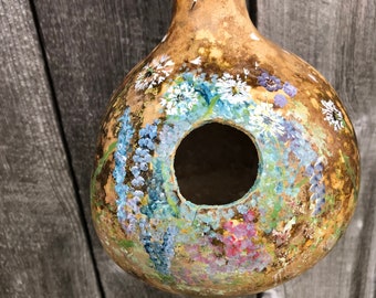 Bird House Gourd - Monet and Nature Inspired - Bees, Flowers and Dandelions - For Chickadees, Nuthatches, Blue Birds, Small Birds