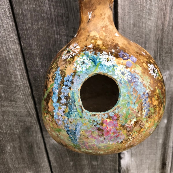 Bird House Gourd - Monet and Nature Inspired - Bees, Flowers and Dandelions - For Chickadees, Nuthatches, Blue Birds, Small Birds