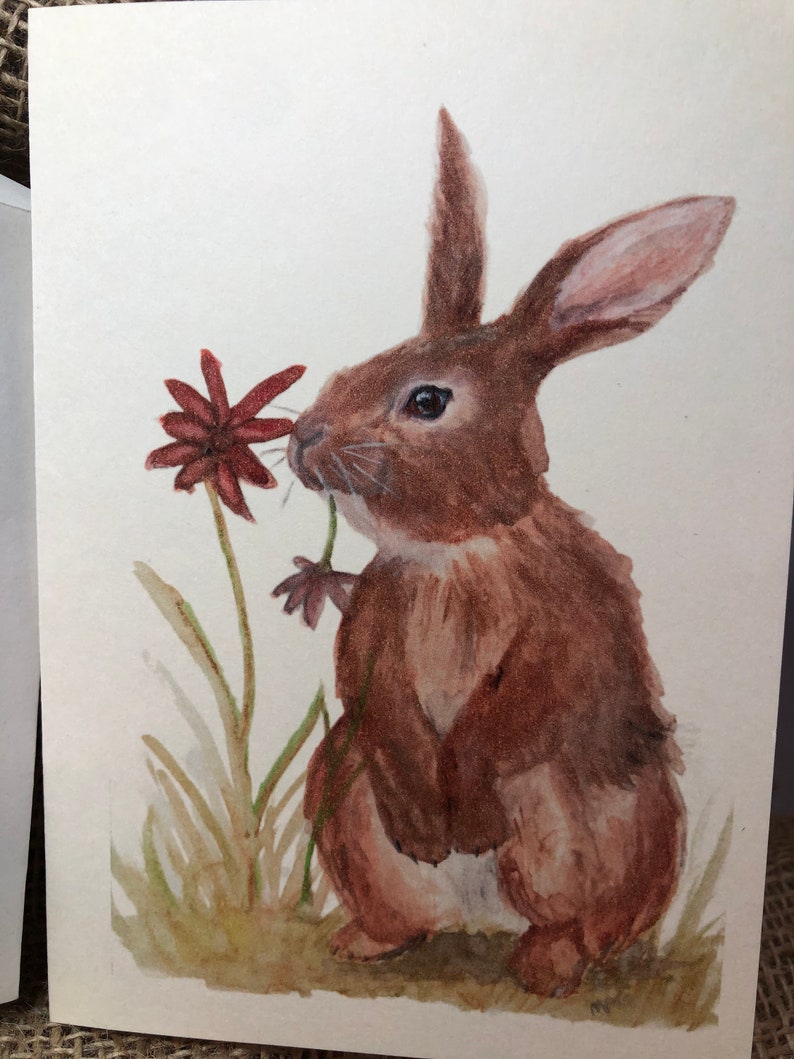 Spring Flowers Bunny 4 x 6 Greeting Card From Original Watercolour Painting image 3