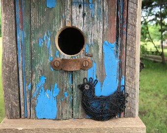 Bird House Made from Reclaimed Vintage Wood and Wire Chicken Decorations - Blue Birds - Chickadees - Swallows