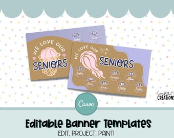 Pode incluir: Dois modelos de banner com tema de basquete. Os banners dizem "We Love Our Seniors" com um gráfico de basquete. A parte inferior da imagem diz "Modelos de banner editáveis". O logotipo da Canva está no centro.