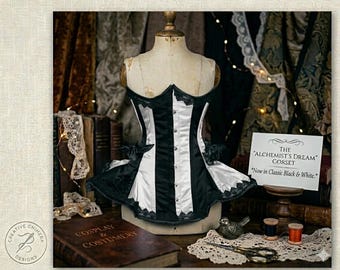 Black White Gothic Corset – Lace Trim, Satin Bows, Victorian Burlesque Bustier