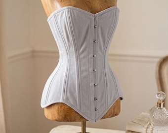 White Cotton Overbust Corset – Double Steel Boned Victorian Hourglass Waist Trainer