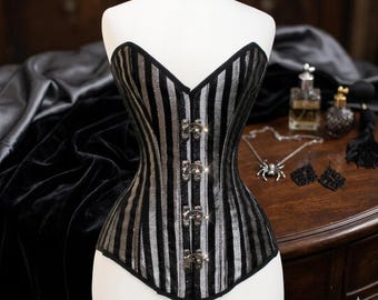 Silver Black Striped Brocade Corset – Steel Boned Victorian Gothic Waist Trainer