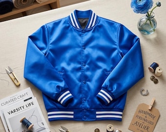 Personalized Royal Blue Satin Varsity Bomber Jacket – Custom Embroidery Ready