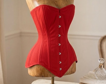 Red Cotton Canvas Hourglass Corset | Victorian Steel Boned Waist Cincher, Burlesque Top