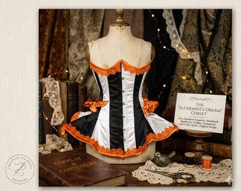 Orange Black Gothic Peplum Corset, Steampunk Burlesque Bodice, Victorian Cosplay Costume