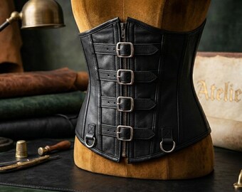 Black Leather Underbust Corset – Steampunk Buckle Waist Cincher Gothic Festival Bodice