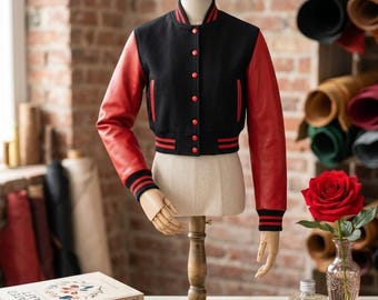 Custom Embroidered Cropped Varsity Jacket | Red Leather Black Wool Bomber