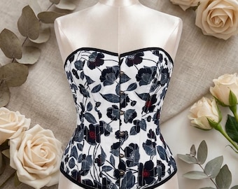 Black Floral Overbust Corset Top, Cottagecore Waist Trainer, Victorian Tapestry Bustier