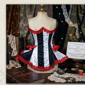 Op de afbeelding: Een zwart, wit en rood korset op een mannequin. Het korset heeft een satijnen afwerking met rode kanten rand en strikken. De tekst op het bord luidt "The Alchemist's Dream Corset" en "Updated to the Red and Black 'Blood Moon' variant."