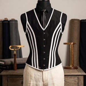 May include: A black corset-style vest with white vertical stripes and trim, displayed on a mannequin. The vest is paired with a black shirt and tie, and cream-colored pants. The background includes fabric rolls and a wooden table.