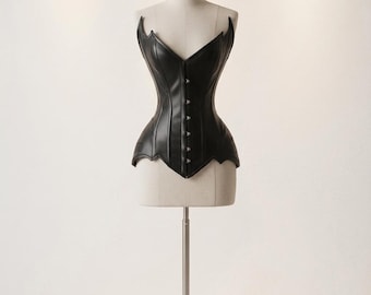 Black Genuine Leather Gothic Overbust Corset – Batwing Detail, Steel Boned Waist Cincher
