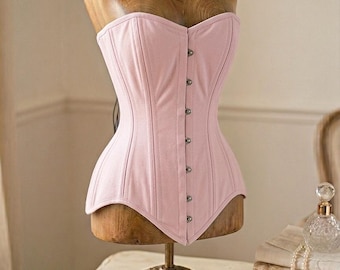 Baby Pink Cotton Overbust Corset – Steel Boned Hourglass Shaper, Coquette Style