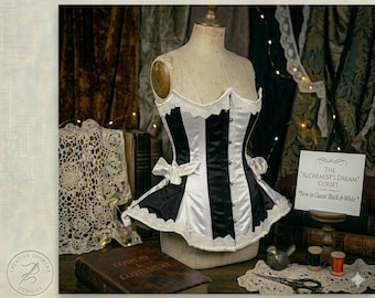 Alchemist's Dream – Black White Corset, Peplum Skirt, Gothic Steampunk Bodice