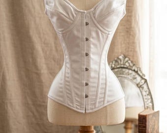 White Satin Overbust Corset | Sweetheart Neckline Bridal Bustier, Victorian Style Waist Cincher